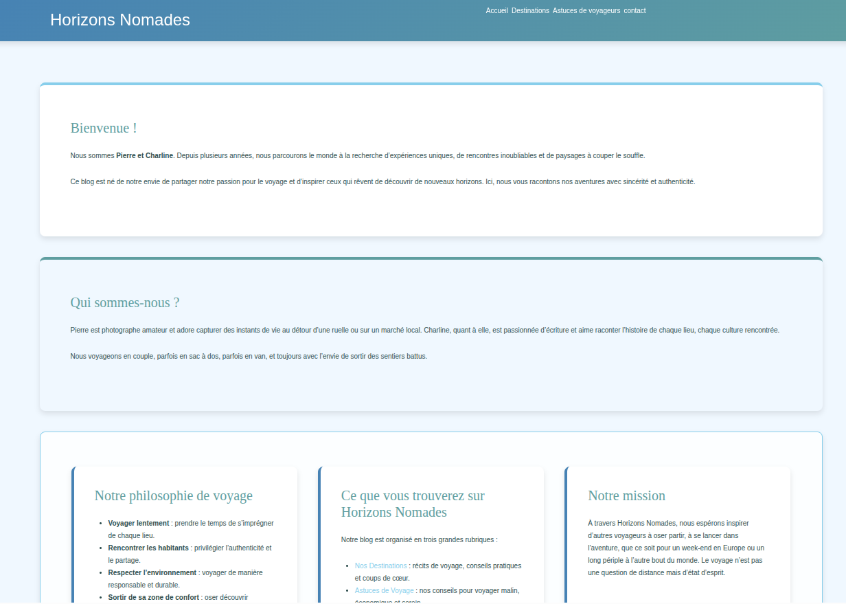 Horizons Nomades - Blog voyage optimisé SEO Capture d'écran du blog Horizons Nomades créé avec PuzzProject